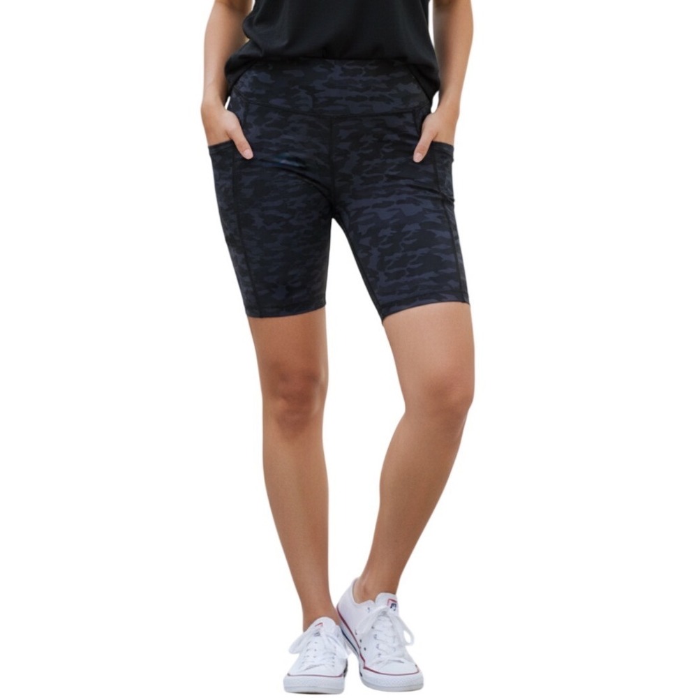 Promover High Waist Biker Yoga Shorts Black Camo Workout Compression Size L
